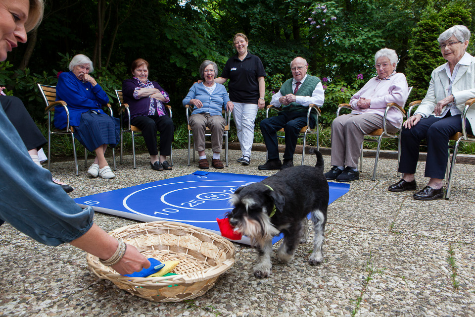 Bewohner:innen bei einem Wurfspiel im Garten.